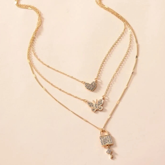 Jewelry - Heart, Butterfly, Lock Layered Necklace